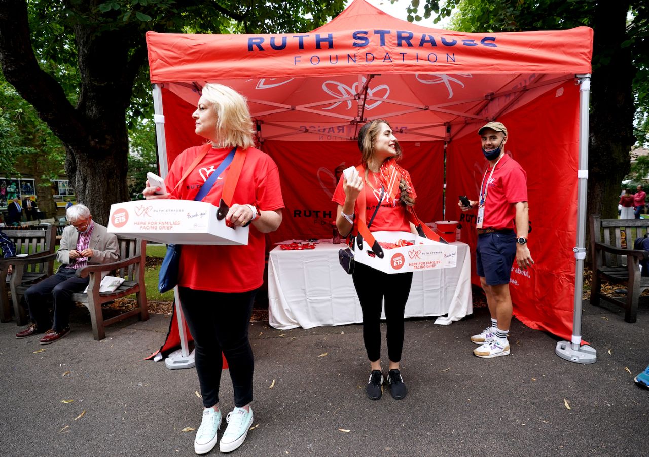 The Ruth Strauss Foundation volunteers fundraise outside the stadium on 'Red for Ruth' day, England vs India, 2nd Test, Lord's, London, 2nd day, August 13, 2021