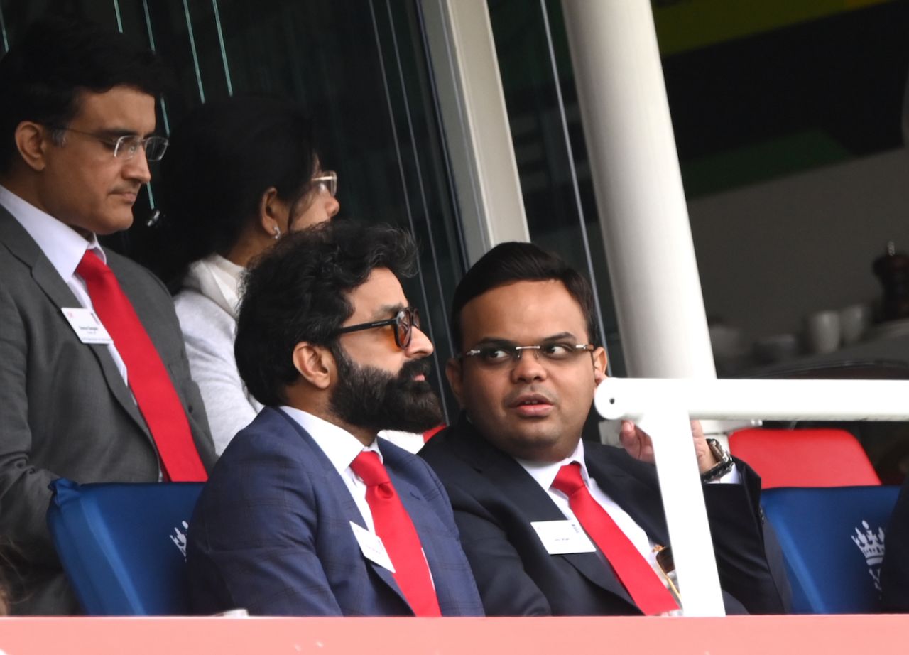 BCCI secretary Jay Shah and treasurer Arun Singh Dhumal have a chat seated in front of Sourav Ganguly, England vs India, 2nd Test, Lord's, 2nd day, August 13, 2021