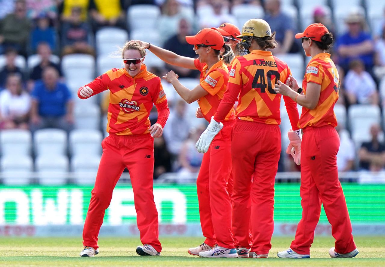 Kirstie Gordon celebrates the wicket of Katherine Brunt, Trent Rockets vs Birmingham Phoenix, Women's Hundred, Trent Bridge, August 13, 2021