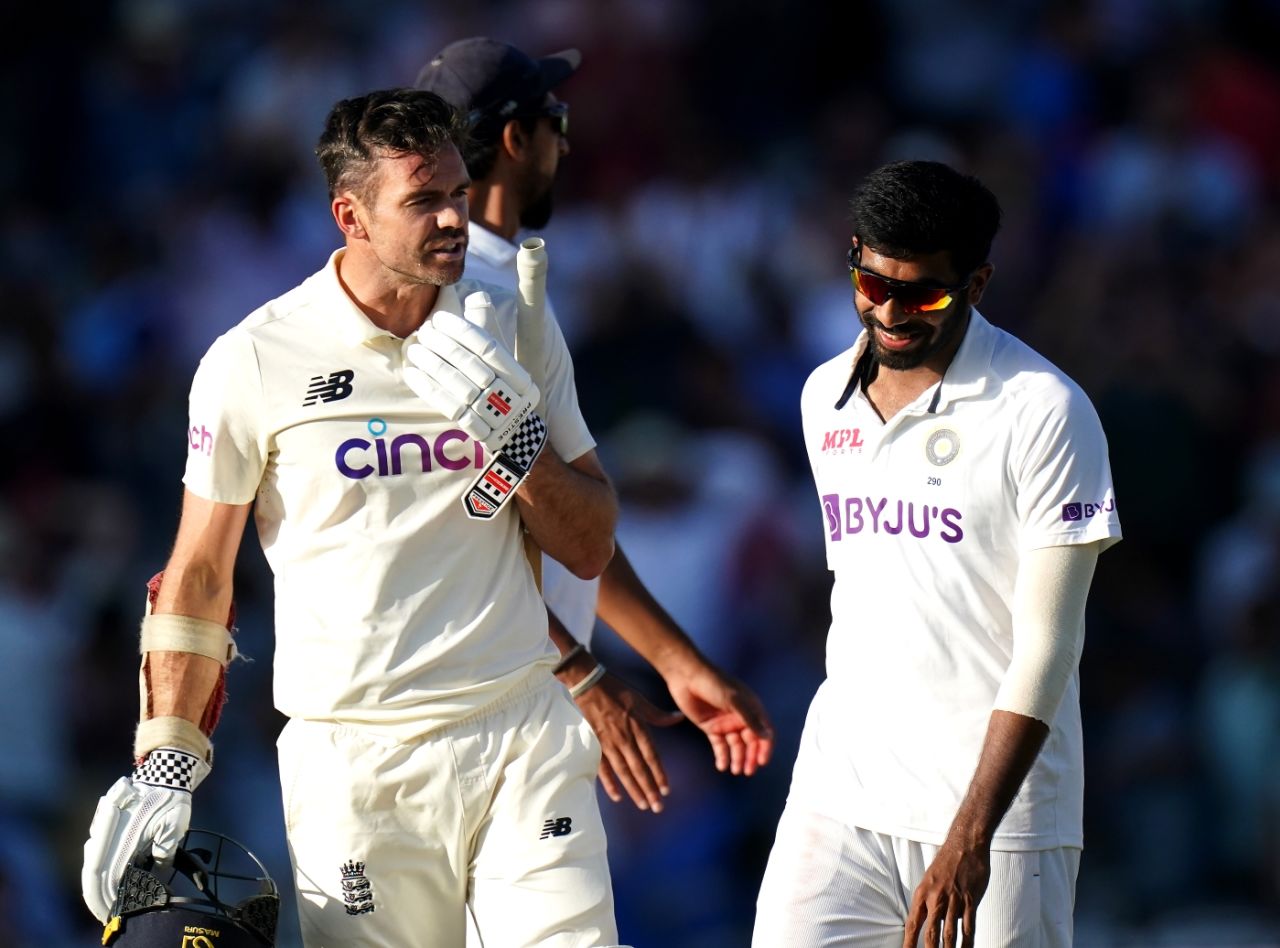 James Anderson has a chat with Jasprit Bumrah after being given a thorough working over by him, England vs India, 2nd Test, Lord's, London, 3rd day, August 14, 2021