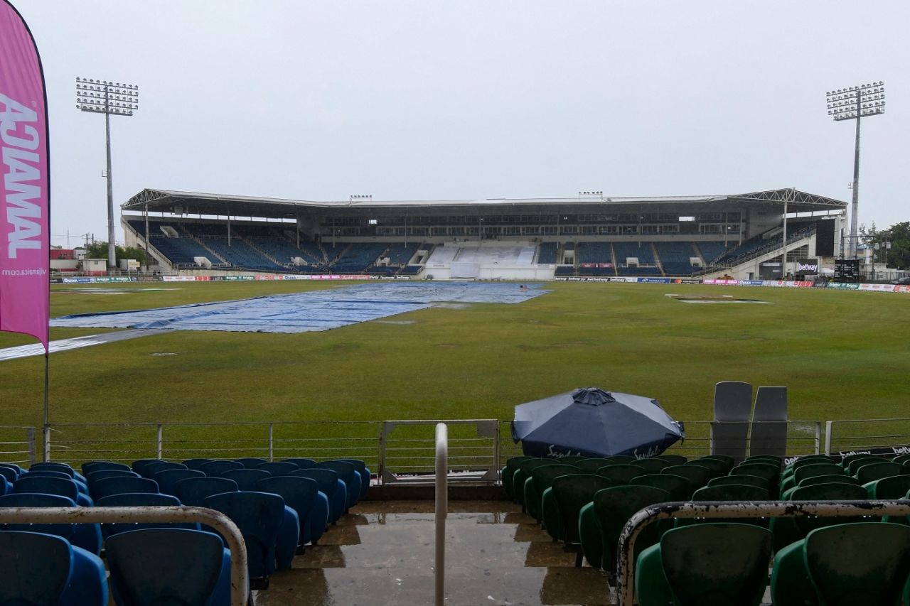 The pitch is covered after rain stops play at Sabina Park, West Indies vs Pakistan, 1st Test, Kingston, 3rd day, August 14, 2021