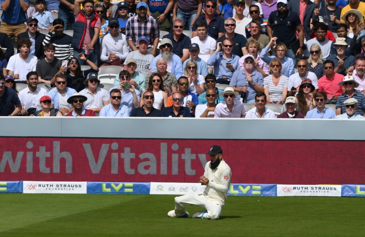 Moeen Ali took a sharp catch at deep square leg to see the end of Rohit Sharma, England vs India, 2nd Test, Lord's, London, 4th day, August 15, 2021

