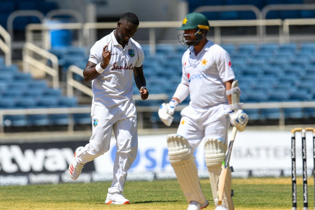 Jayden Seales celebrates after getting Yasir Shah, West Indies vs Pakistan, 1st Test, Kingston, 4th day, August 15, 2021