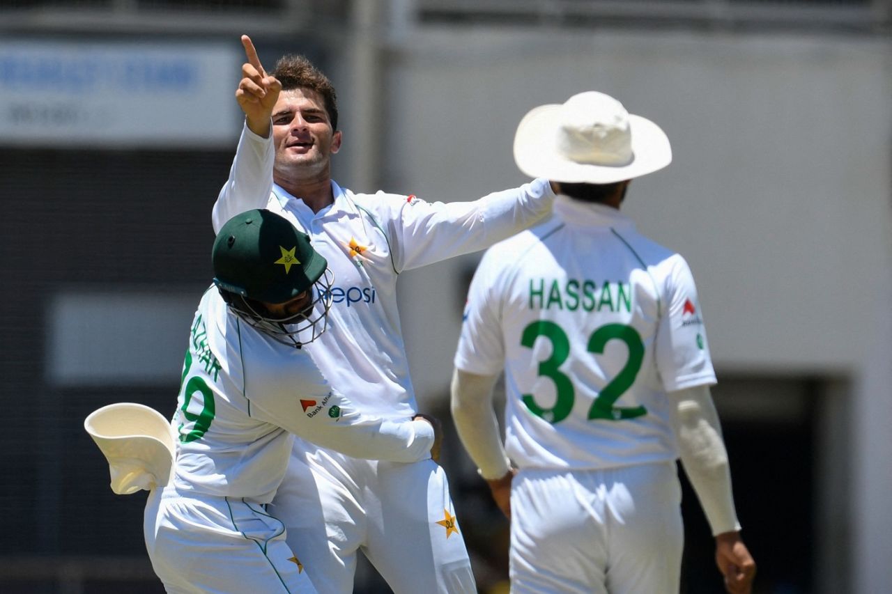 Azhar Ali joins Shaheen Afridi in celebration after Nkrumah Bonner is bowled, West Indies vs Pakistan, 1st Test, Kingston, 4th day, August 15, 2021
