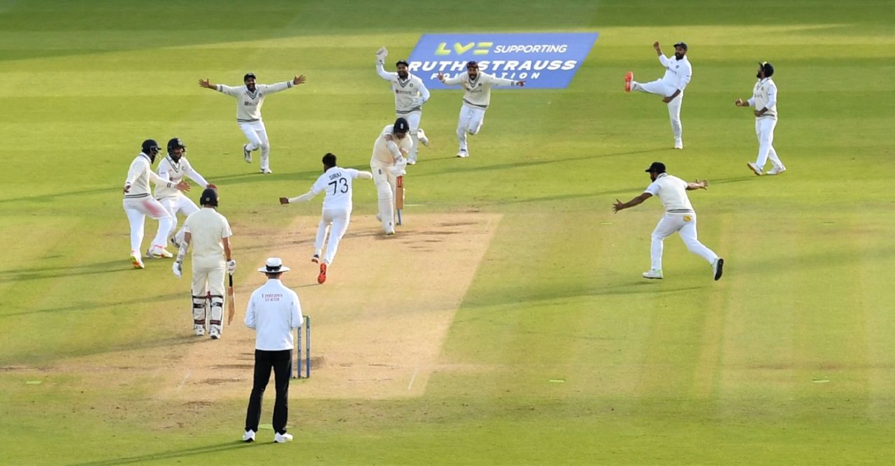 The celebrations begin for India as last-man James Anderson is bowled by Mohammed Siraj, England vs India, 2nd Test, Lord's, London, 5th day, August 16, 2021