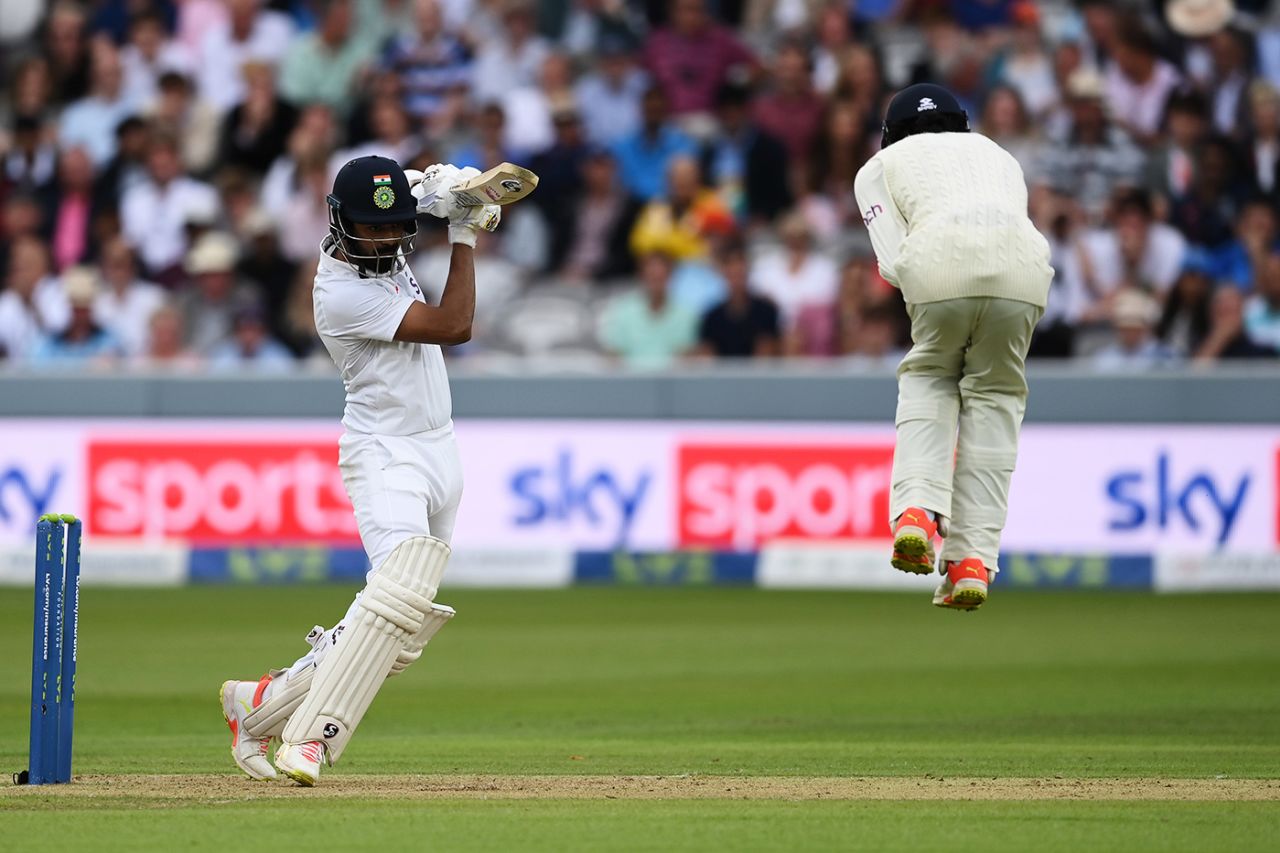 Haseeb Hameed leaps up to avoid getting hit by a KL Rahul drive, England vs India, 2nd Test, Lord's, 1st day, August 12, 2021