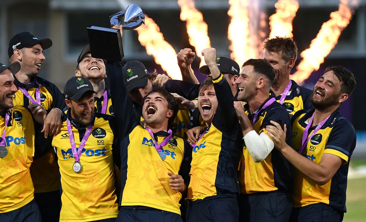 Kiran Carlson holds the Royal London trophy aloft, Glamorgan vs Durham, Royal London Cup final, Trent Bridge, August 19, 2021