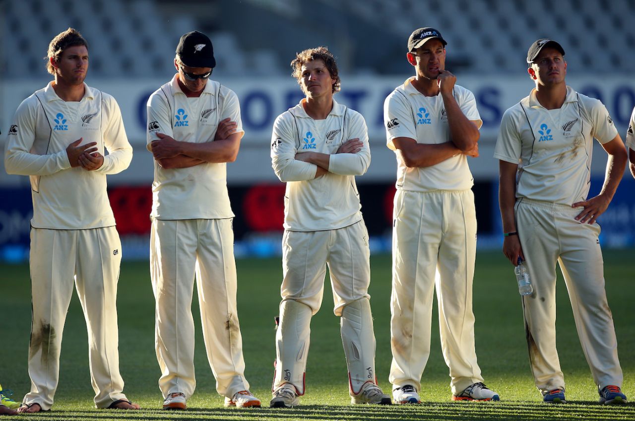 Doug Bracewell, Bruce Martin, BJ Watling, Ross Taylor and Neil Wagner of New Zealand look downcast, day five, third Test, New Zealand vs England, Eden Park, Auckland, March 26, 2013