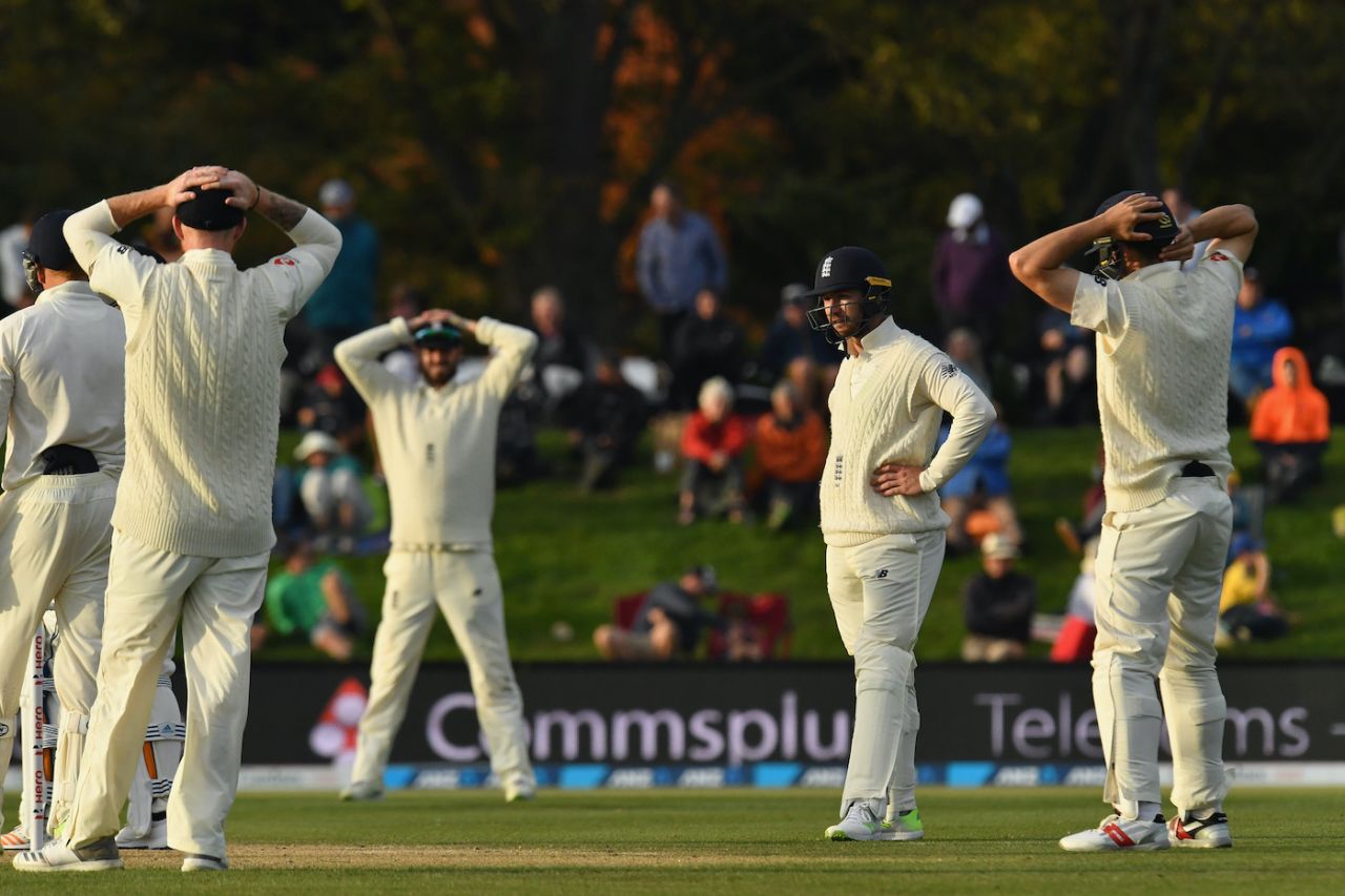 The England team react to a missed chance, day five, Second Test, New Zealand vs England, Hagley Oval, Christchurch, New Zealand, April 3, 2018 