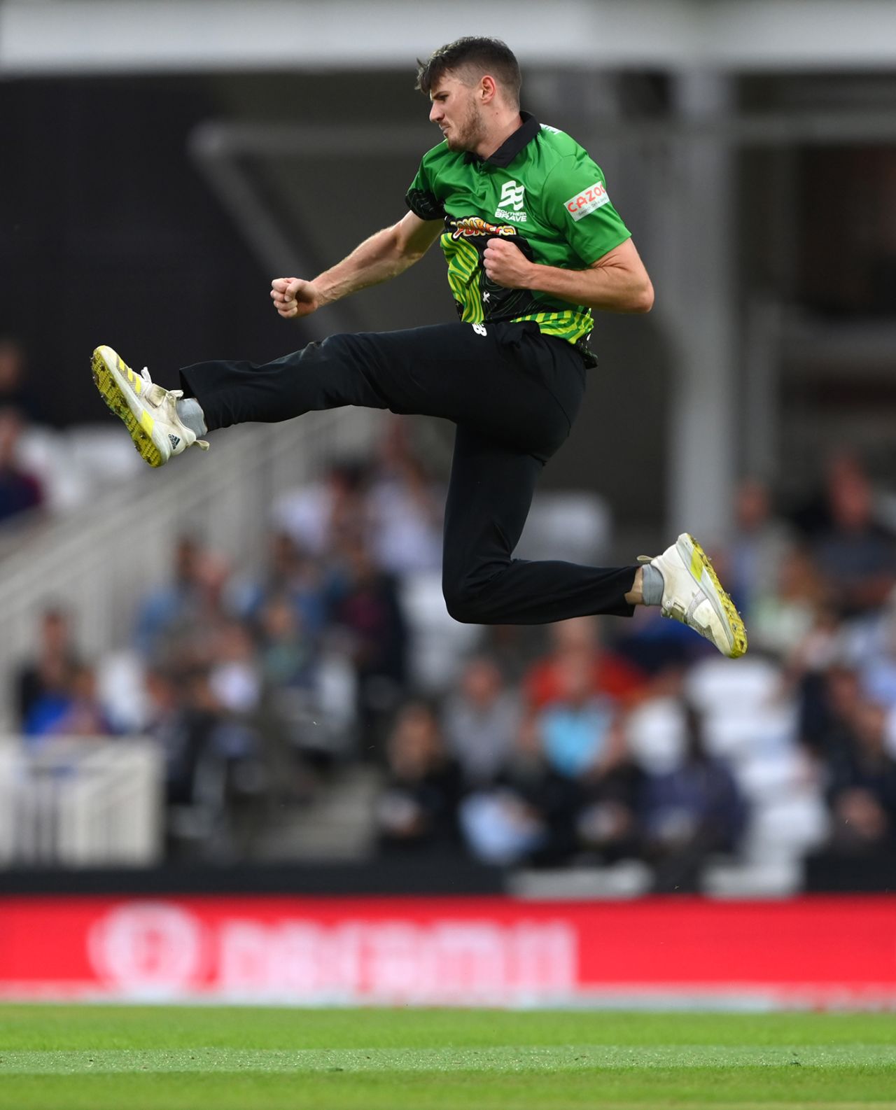 George Garton leaps in celebration, Southern Brave vs Trent Rockets, Men's Hundred eliminator, The Oval, August 20, 2021