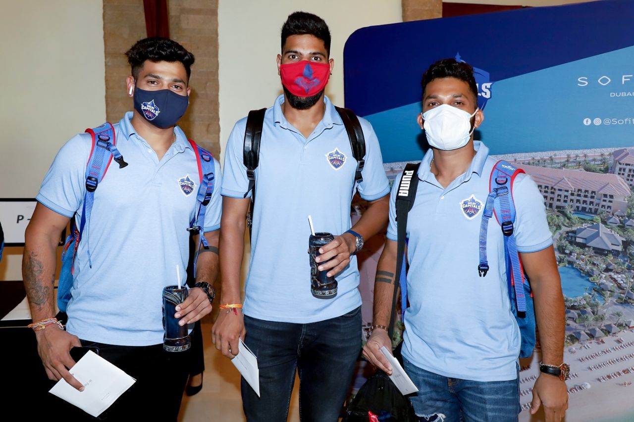 Ripal Patel, Lalit Yadav and Vishnu Vinod at the Delhi Capitals' team hotel, IPL 2021, Dubai, August 21, 2021