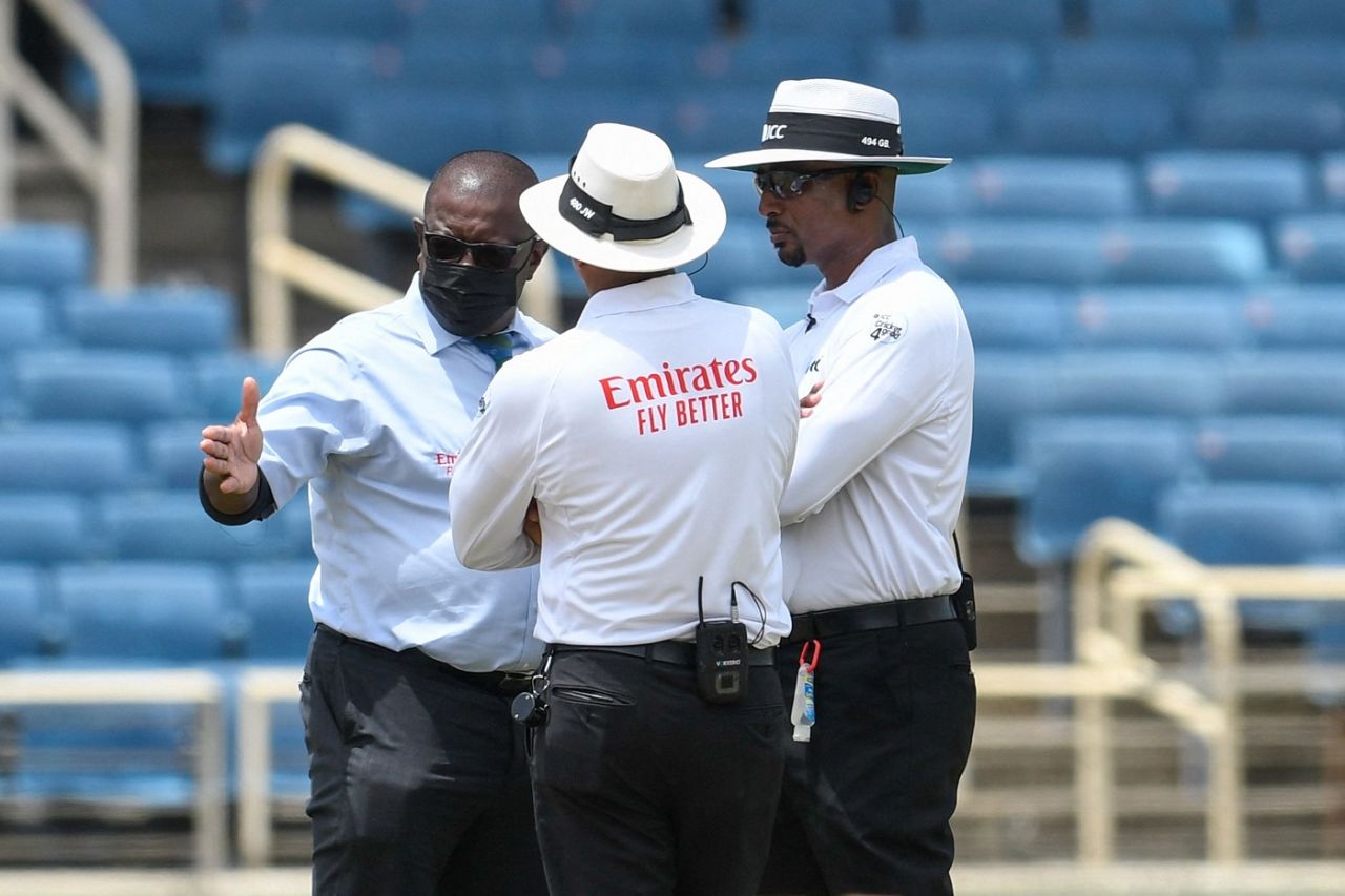 Match referree Richie Richardson discusses the ground condition with umpires Joel Wilson and Gregory Brathwaite, West Indies vs Pakistan, 2nd Test, Jamaica, 3rd day, August 22, 2021