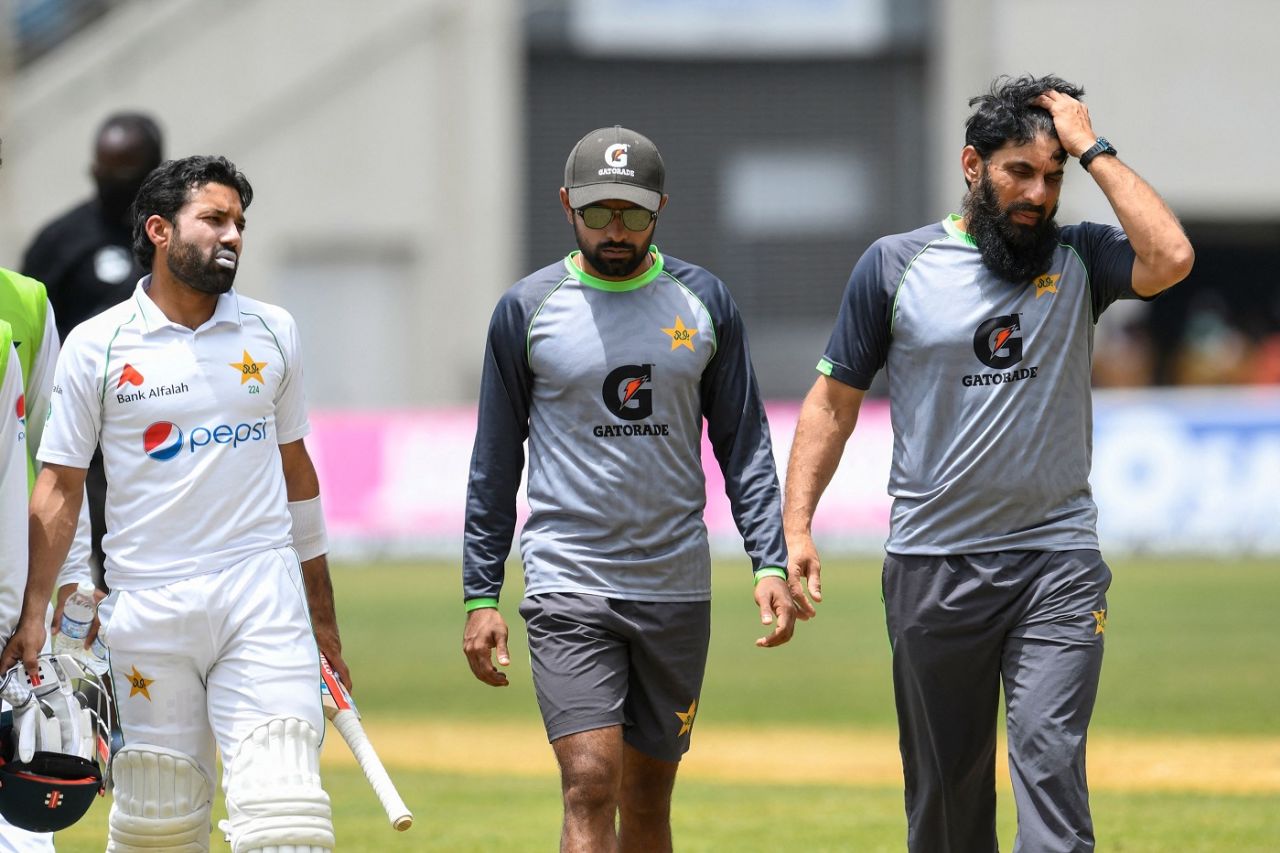 Mohammad Rizwan, Babar Azam and coach Misbah ul Haq walk off after play was suspended due to a wet patch, West Indies vs Pakistan, 2nd Test, Jamaica, 3rd day, August 22, 2021
