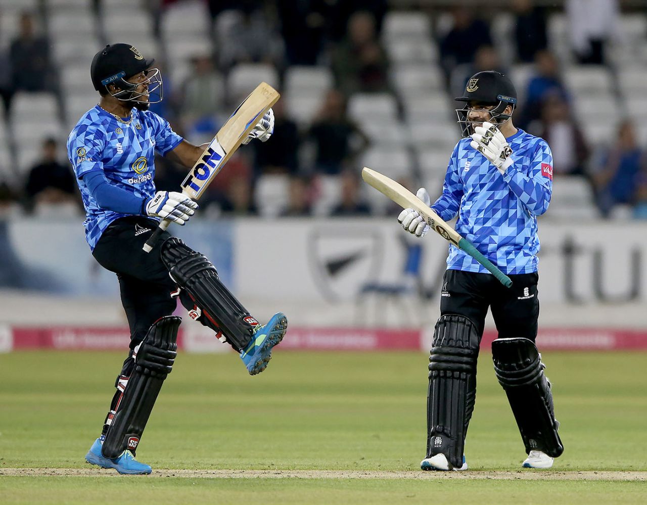 Rashid Khan and Chris Jordan celebrate after sealing Sussex's win, Yorkshire vs Sussex, Chester-le-Street, Vitality T20 Blast quarter-final, August 24, 2021