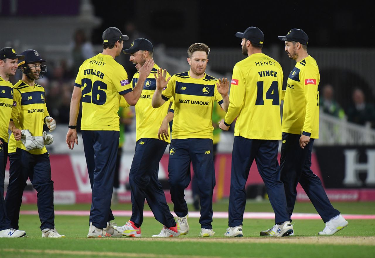 Liam Dawson celebrates taking the wicket of Samit Patel, Nottinghamshire vs Hampshire, Vitality Blast quarter-final, Trent Bridge, August 25, 2021