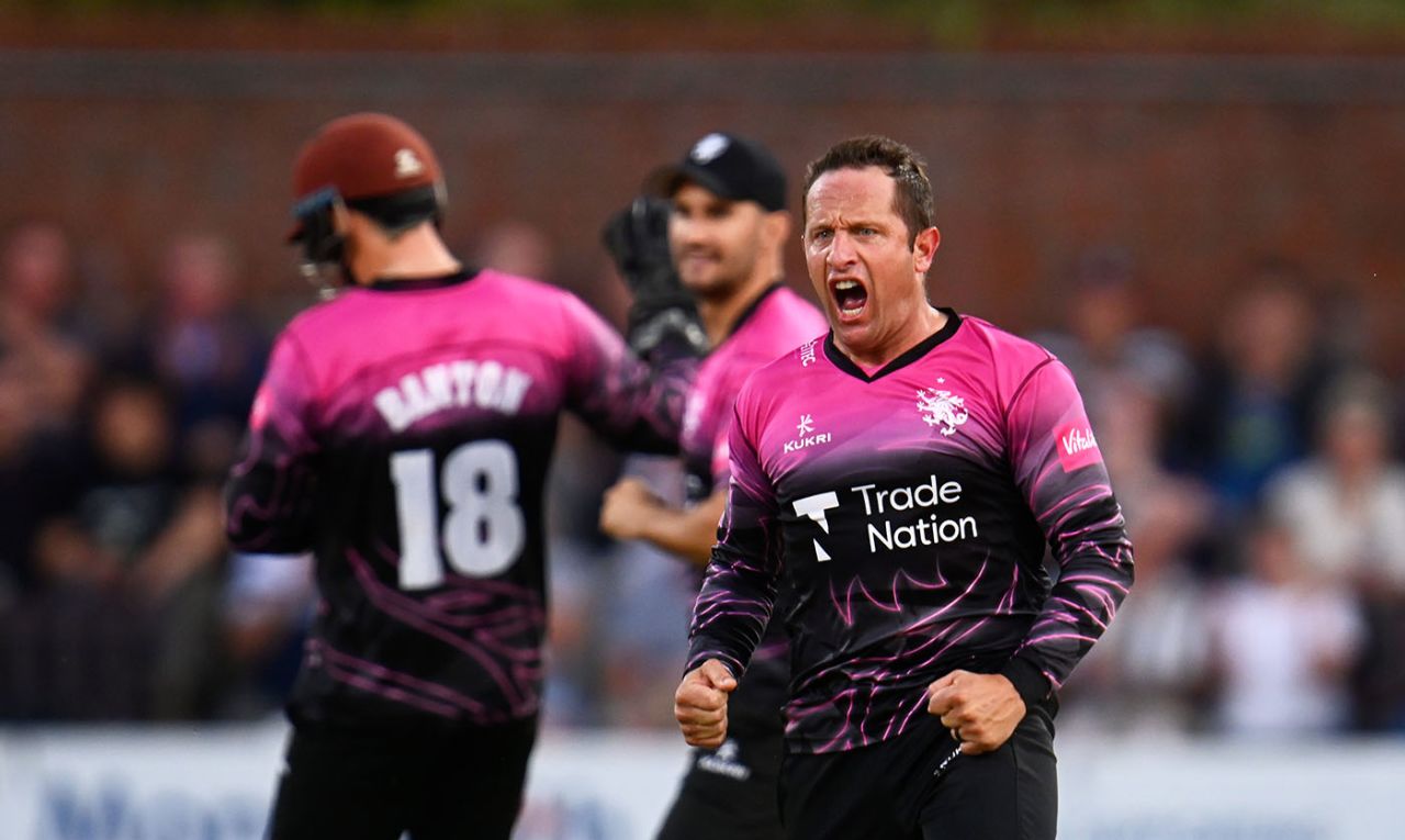 Roelof van der Merwe roars after taking the wicket of Josh Bohannon, Vitality T20 Blast Quarter-Final, Somerset vs Lancashire, Taunton, August 26, 2021 in Taunton, England