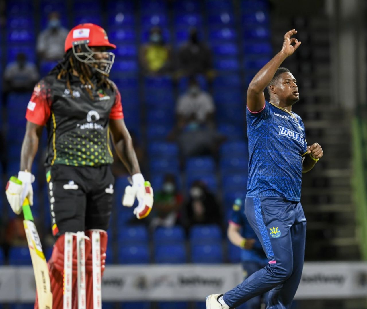 Oshane Thomas knocked over Chris Gayle in a brisk spell, Barbados Royals vs St Kitts and Nevis Patriots, 2nd match, CPL 2021, Basseterre, August 27, 2021