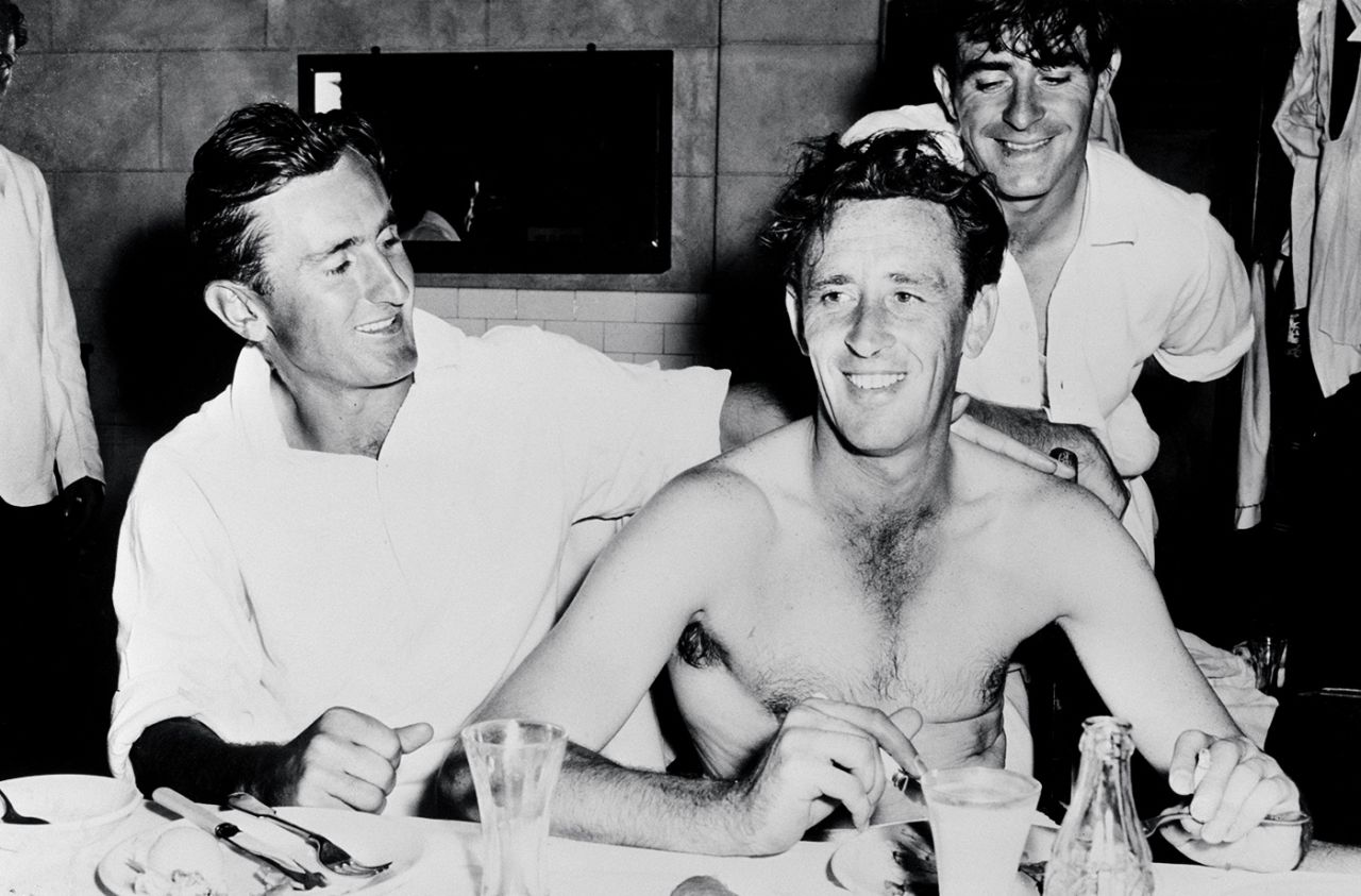 Ted Dexter and Fred Trueman congratulate Brian Statham for breaking Alec Bedser's record and becoming England's leading wicket-taker, England vs Australia, 4th Test, Adelaide, 2nd day, January 26, 1963