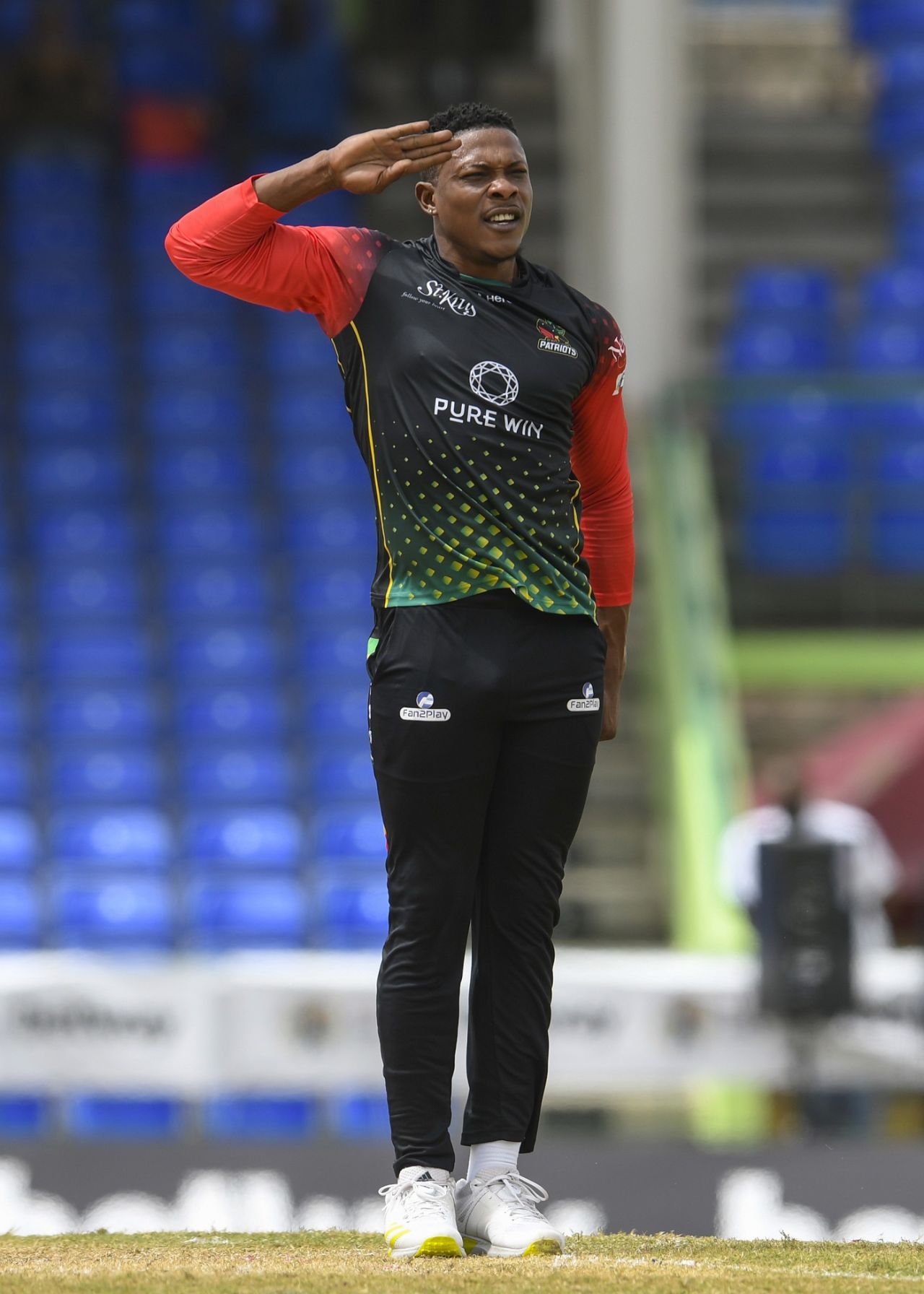 Sheldon Cottrell salutes in celebration after an early strike, Guyana Amazon Warriors vs St Kitts & Nevis Patriots, CPL 2021, Basseterre, August 28, 2021