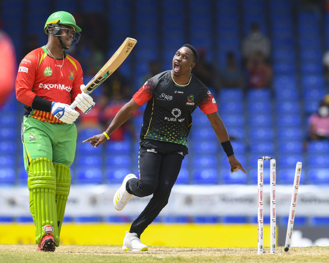 Dwayne Bravo celebrates after getting rid of Shimron Hetmyer, Guyana Amazon Warriors vs St Kitts & Nevis Patriots, CPL 2021, Basseterre, August 28, 2021