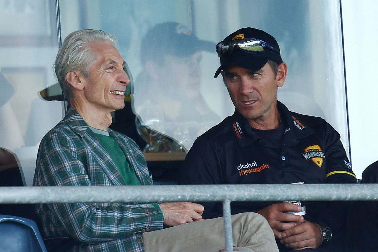 Charlie Watts watches the action from the players pavilion with Justin Langer, day one, Sheffield Shield, Western Australia vs Tasmania, WACA, Perth, October 31, 2014
