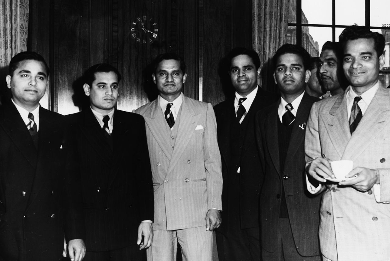 Khokhan Sen, Pankaj Roy, Vijay Hazare, Ramesh Divecha, Vijay Manjrekar and Sadu Shinde at a reception in India House in London, April 25, 1952