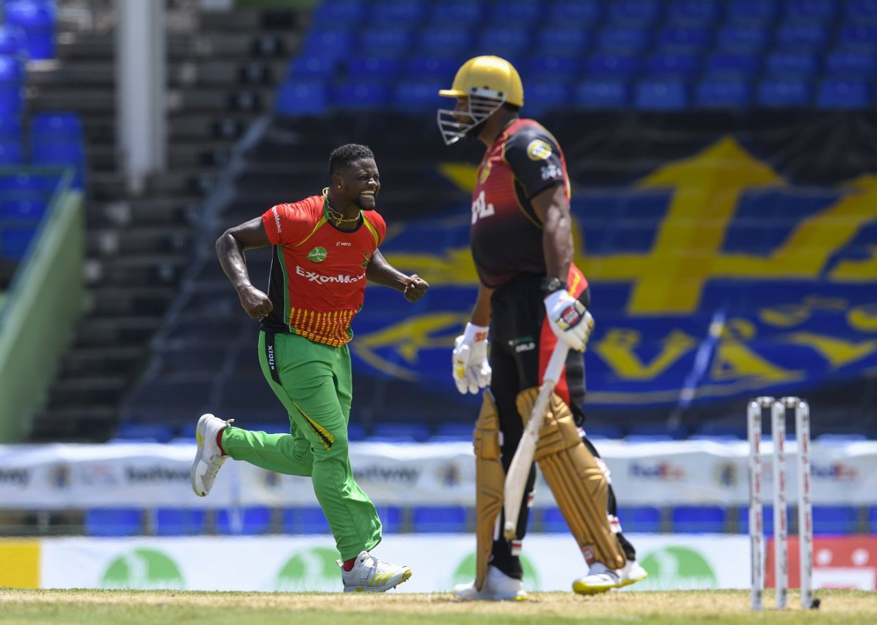Romario Shepherd celebrates the fall of Kieron Pollard, Guyana Amazon Warriors vs Trinbago Knight Riders, CPL 2021, Basseterre, August 26, 2021