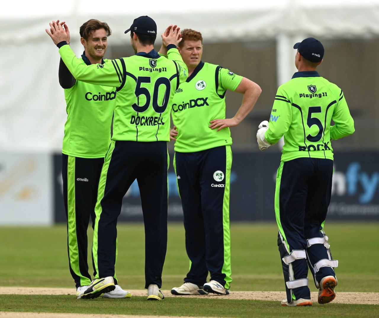 Mark Adair celebrates a wicket with his team-mates, Ireland vs Zimbabwe, 4th T20I, Bready, September 2, 2021