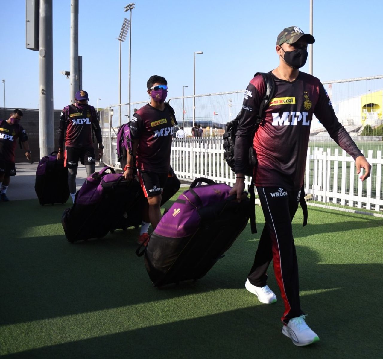 Kolkata Knight Riders players arrive for a training session, Abu Dhabi, September 3, 2021