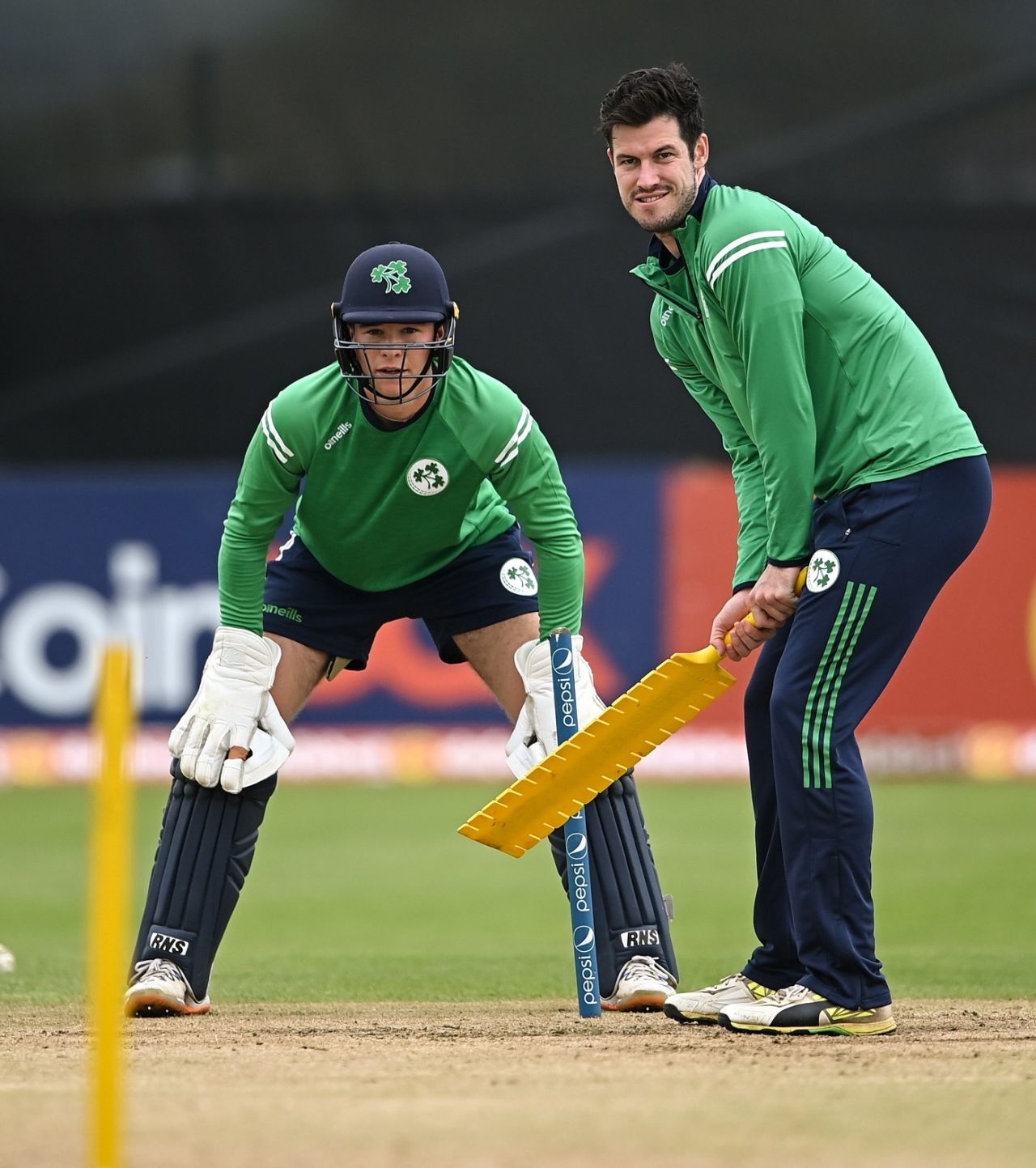 George Dockrell and Neil Rock during practice before the match, Ireland vs Zimbabwe, 5th T20I, Bready, September 4, 2021