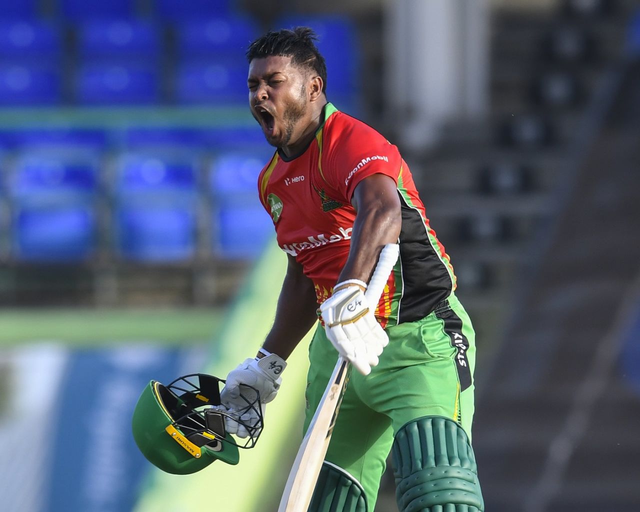 Chandrapaul Hemraj exults after reaching his ton, Barbados Royals vs Guyana Amazon Warriors, CPL 2021, St Kitts, September 4, 2021