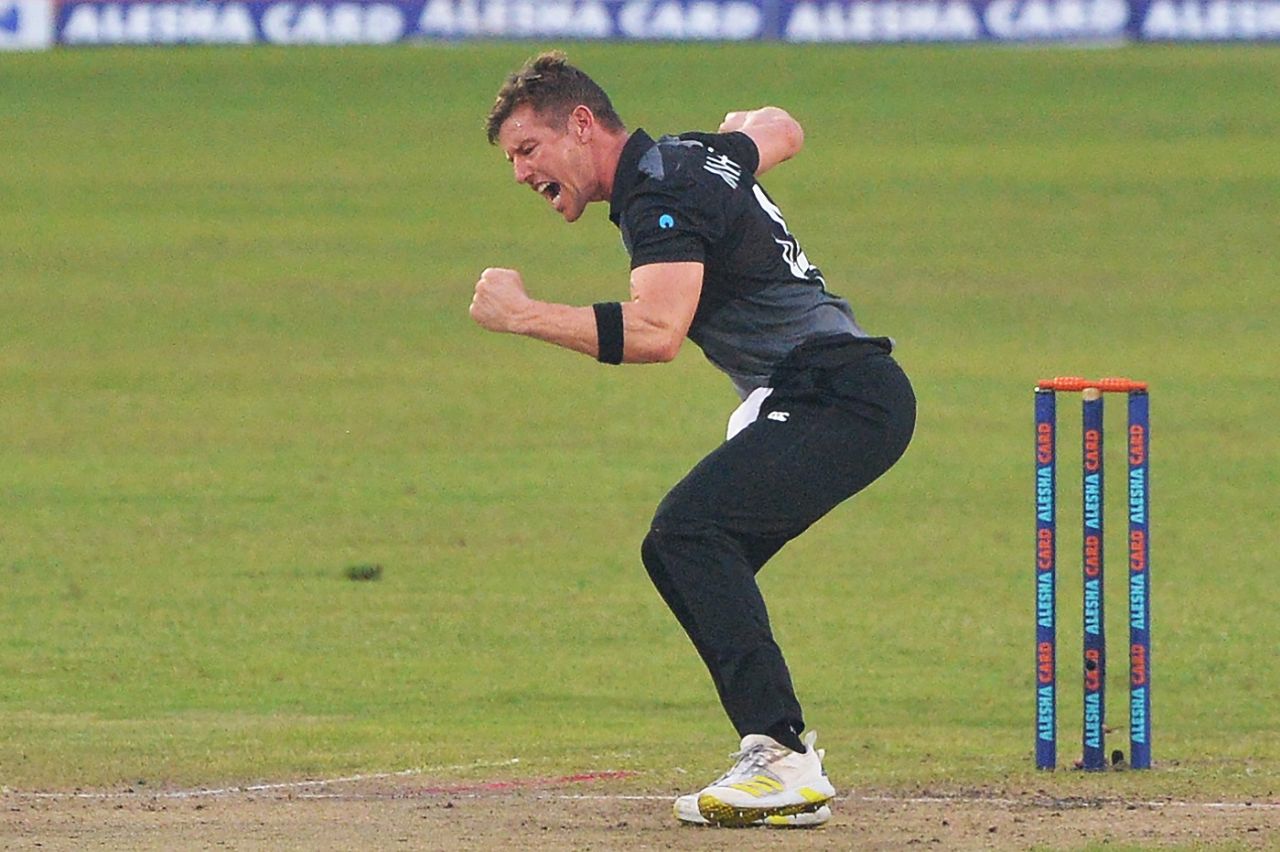 Cole McConchie is pumped after trapping Liton Das, Bangladesh vs New Zealand, 1st T20I, Dhaka, September 5, 2021
