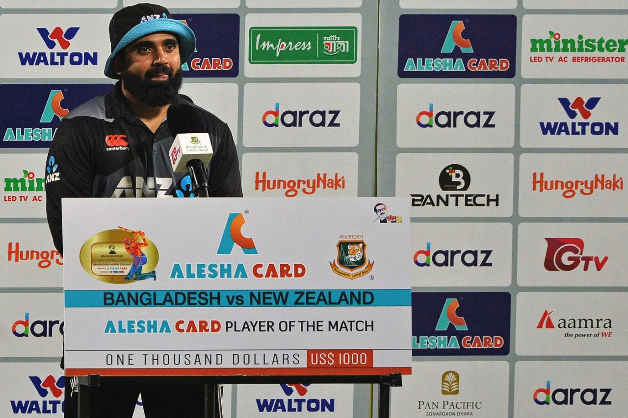 Ajaz Patel was named Player of the Match for his 4 for 16, Bangladesh vs New Zealand, 1st T20I, Dhaka, September 5, 2021