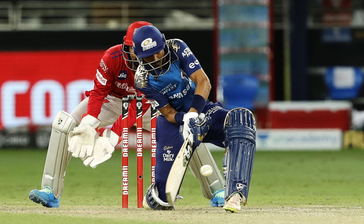 Krunal Pandya clears his leg to put one away, Mumbai Indians vs Kings XI Punjab, IPL 2020, Dubai, October 18, 2020