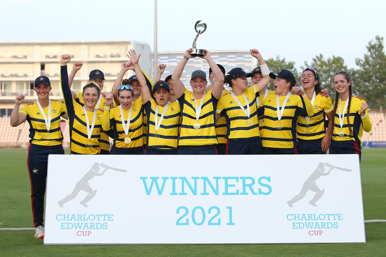 Bryony Smith holds aloft the Charlotte Edwards Cup, South East Stars vs Northern Diamonds, Charlotte Edwards Cup final, Ageas Bowl, September 5, 2021