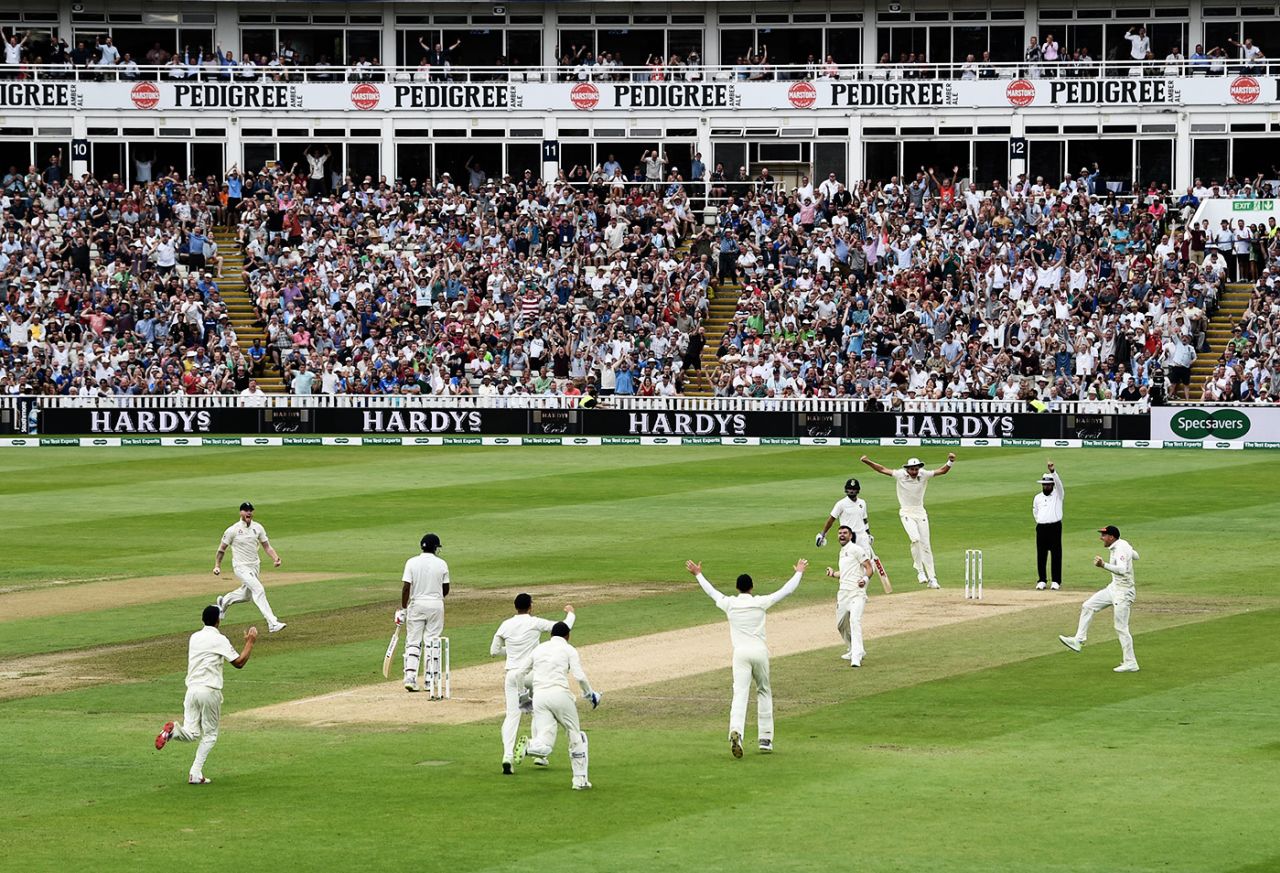 James Anderson celebrates the wicket of R Ashwin, England v India, 1st Test, 3rd day, Edgbaston, August 3, 2018