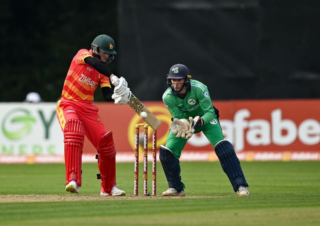 Sean Williams cuts, as Lorcan Tucker looks on, Ireland vs Zimbabwe, 1st ODI, Belfast, September 8, 2021