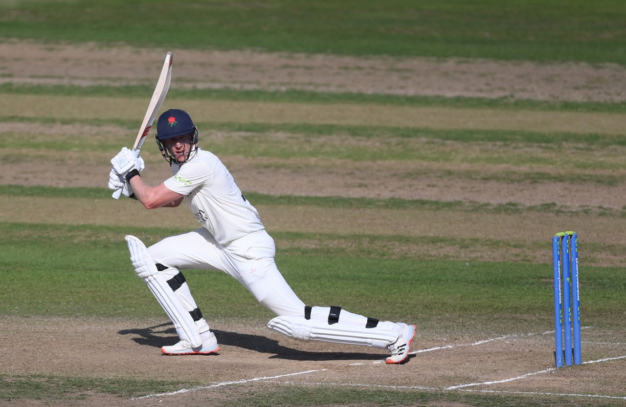 Luke Wells gets forward during his half-century, Nottinghamshire vs Lancashire, County Championship, Division One, Trent Bridge, September 8, 2021