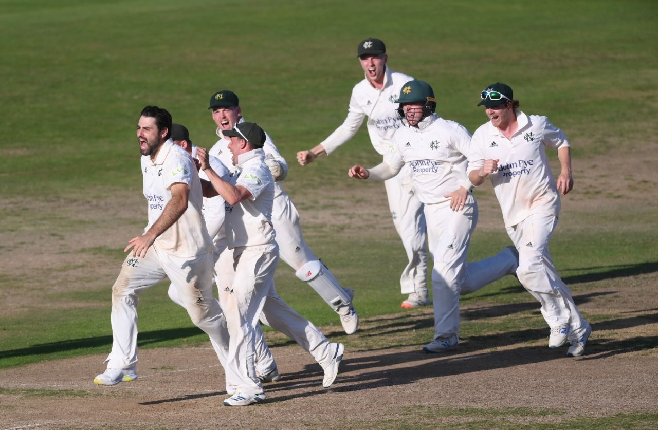 Brett Hutton is mobbed after claiming the decisive wicket of Saqib Mahmood, Nottinghamshire vs Lancashire, County Championship, Division One, Trent Bridge, September 8, 2021