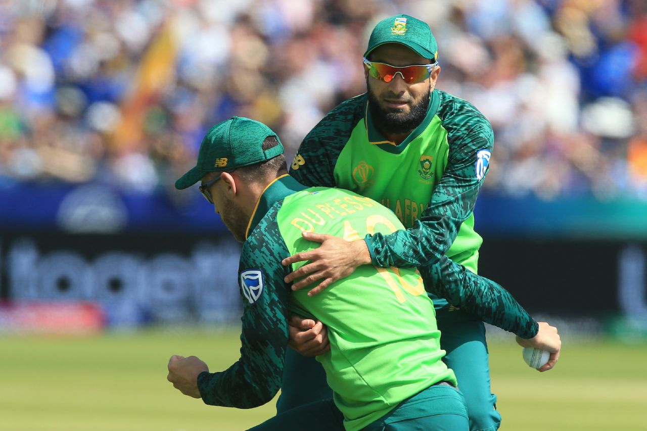 Faf du Plessis and Imran Tahir celebrate a wicket, Chester-le-Street, June 28, 2019