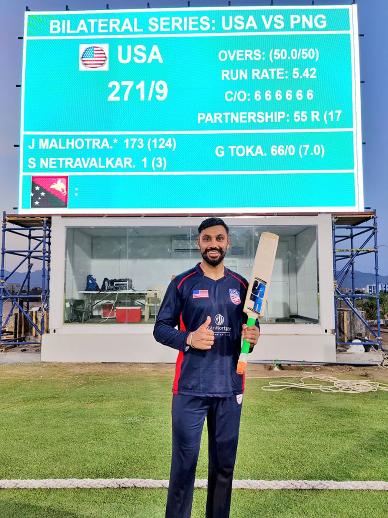 Jaskaran Malhotra smashed six sixes in an over during his unbeaten 173, Papua New Guinea vs United States of America, 2nd ODI, Al Amerat, September 9, 2021