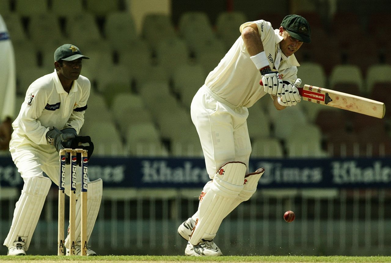 Matthew Hayden works the ball to the leg side, Australia v Pakistan, 3rd Test, Sharjah, 1st day, October 19, 2002