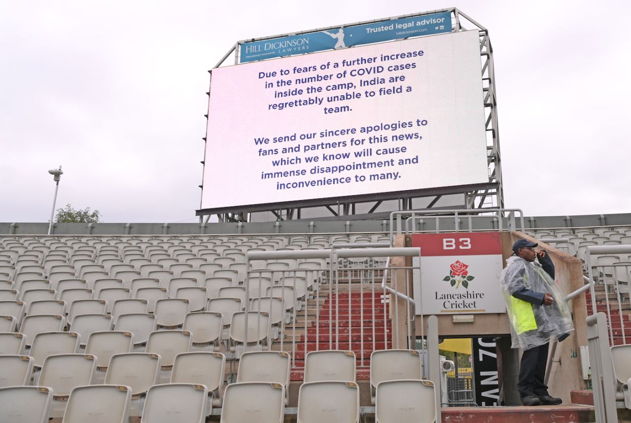 The big screen provides the update after the Old Trafford Test was cancelled, England vs India, 5th Test, Manchester, 1st day, September 10, 2021
