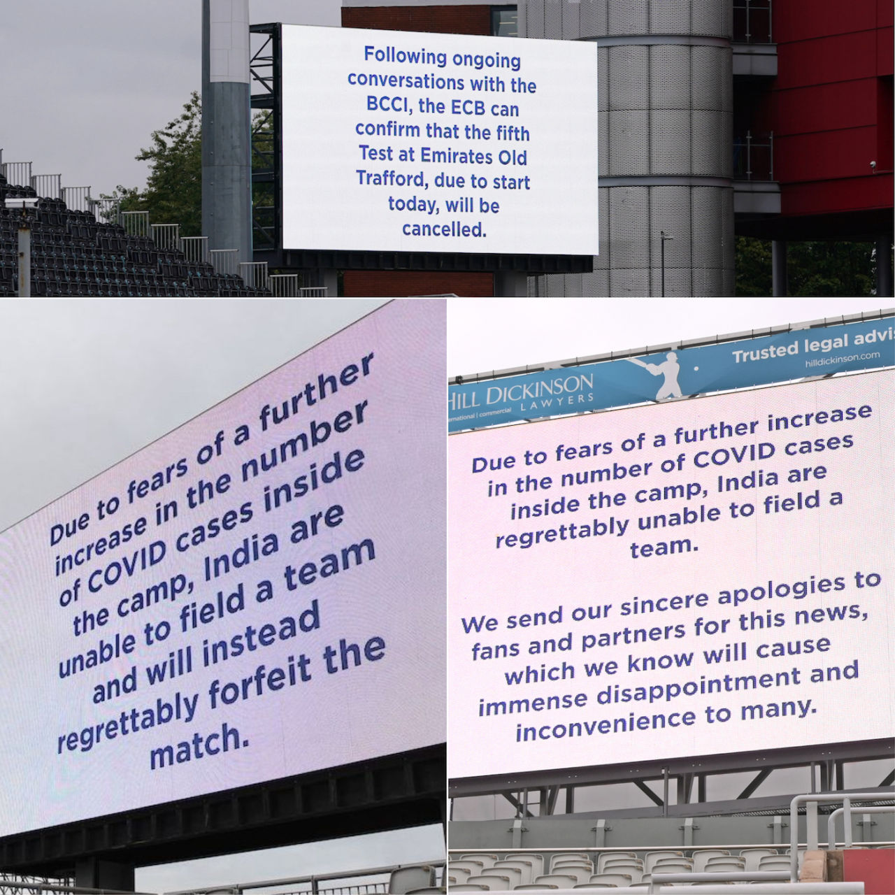 The different messages on the big screen at Old Trafford once the fifth Test was called off, England vs India, 5th Test, Manchester, 1st day, September 10, 2021
