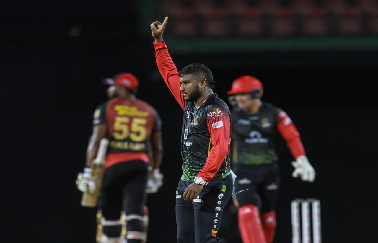 Jon-Russ Jaggesar celebrates one of his three wickets, Trinbago Knight Riders vs St Kitts and Nevis Patriots, CPL 2021, Basseterre, September 11, 2021