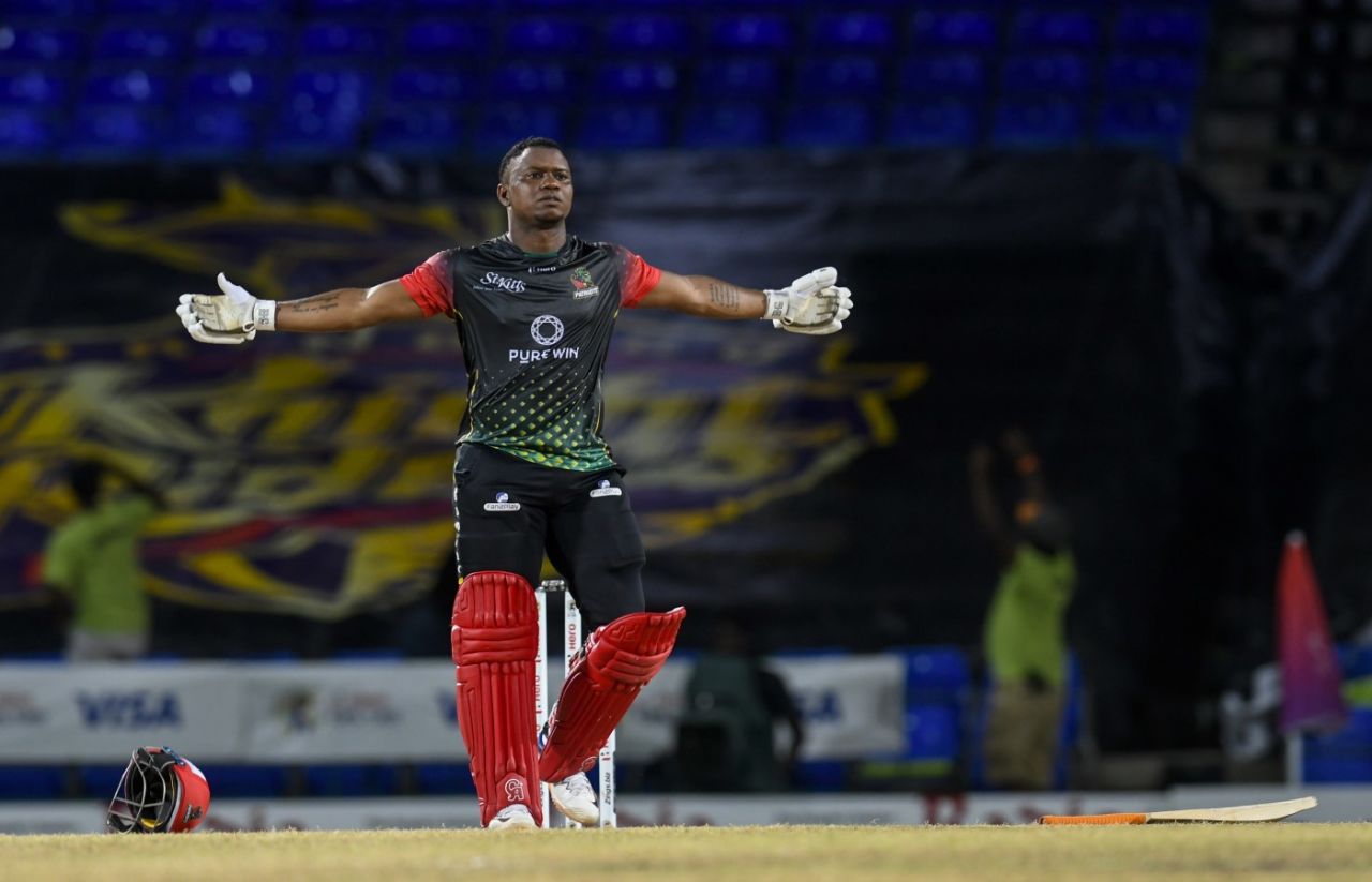 Evin Lewis celebrates his brilliant century, Trinbago Knight Riders vs St Kitts and Nevis Patriots, CPL 2021, Basseterre, September 11, 2021