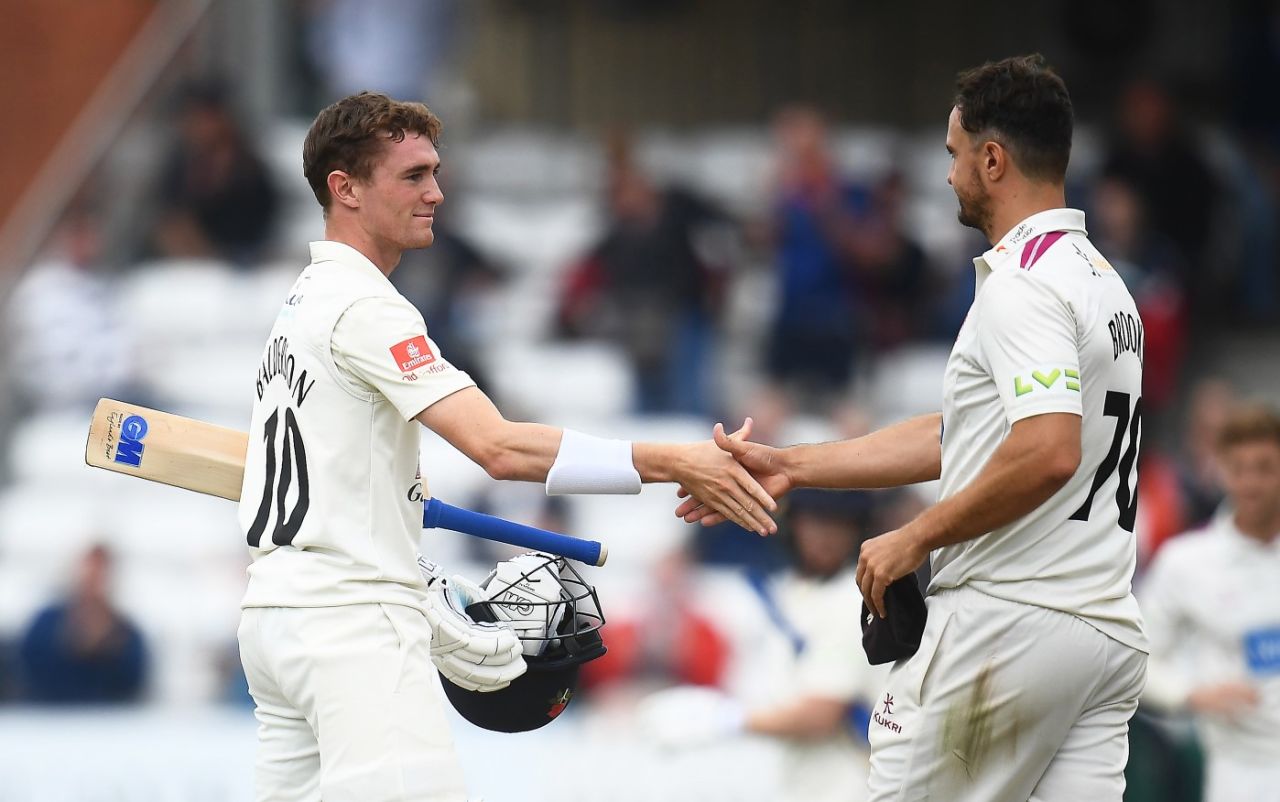 George Balderson and Jack Brooks shake hands after Lancashire's ten-wicket win, Somerset vs Lancashire, County Championship, Division One, Taunton, September 14, 2021