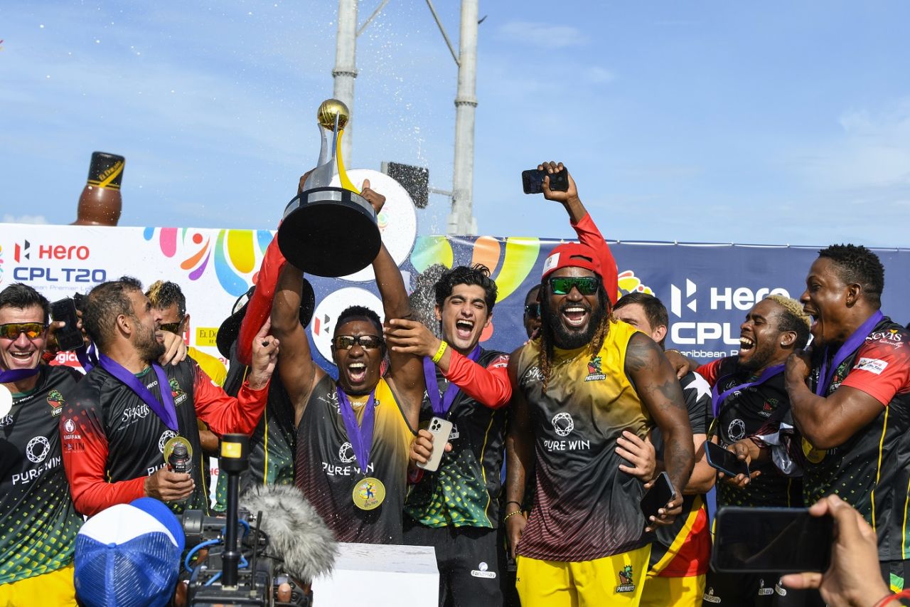 Dwayne Bravo and Chris Gayle celebrate St Kitts and Nevis Patriots' CPL title win, Caribbean Premier League (CPL) 2021 final, Basseterre, September 15, 2021