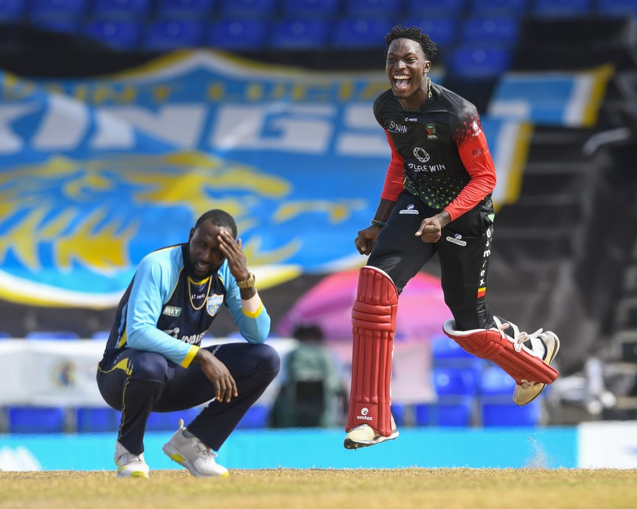 Dominic Drakes is ecstatic after hitting the winning run off Kesrick Williams, St Lucia Kings vs St Kitts and Nevis Patriots, CPL 2021, final, Basseterre, September 15, 2021
