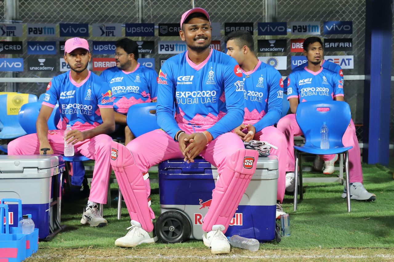 Sanju Samson enjoys a quiet moment in the Rajasthan Royals dugout , Chennai Super Kings vs Rajasthan Royals, IPL 2021, Mumbai, April 19, 2021